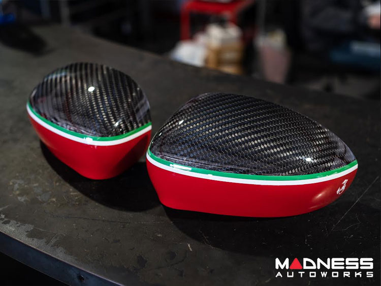 FIAT 500 Mirror Covers - Carbon Fiber - Red Lower Portion - Italian Racing Stripe w/ White Scorpion